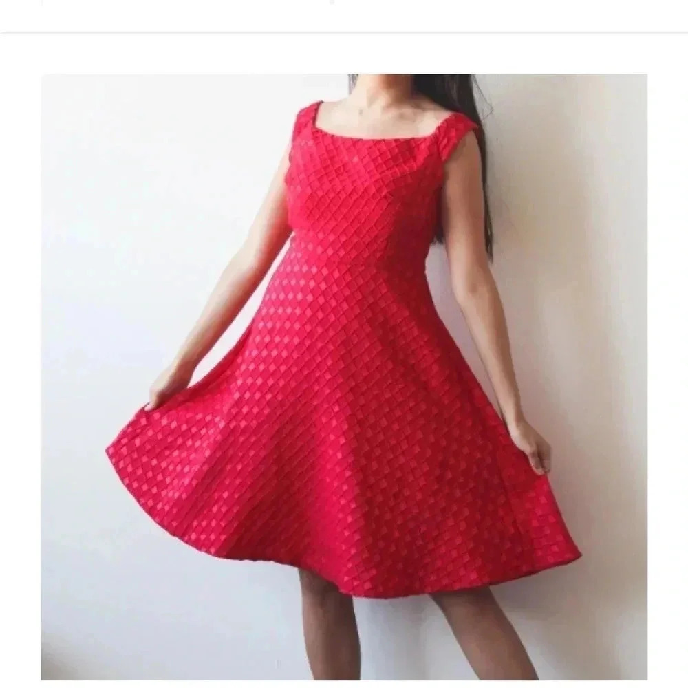 Anthropologie Red Textured Fit & Flare Dress Retro Holiday